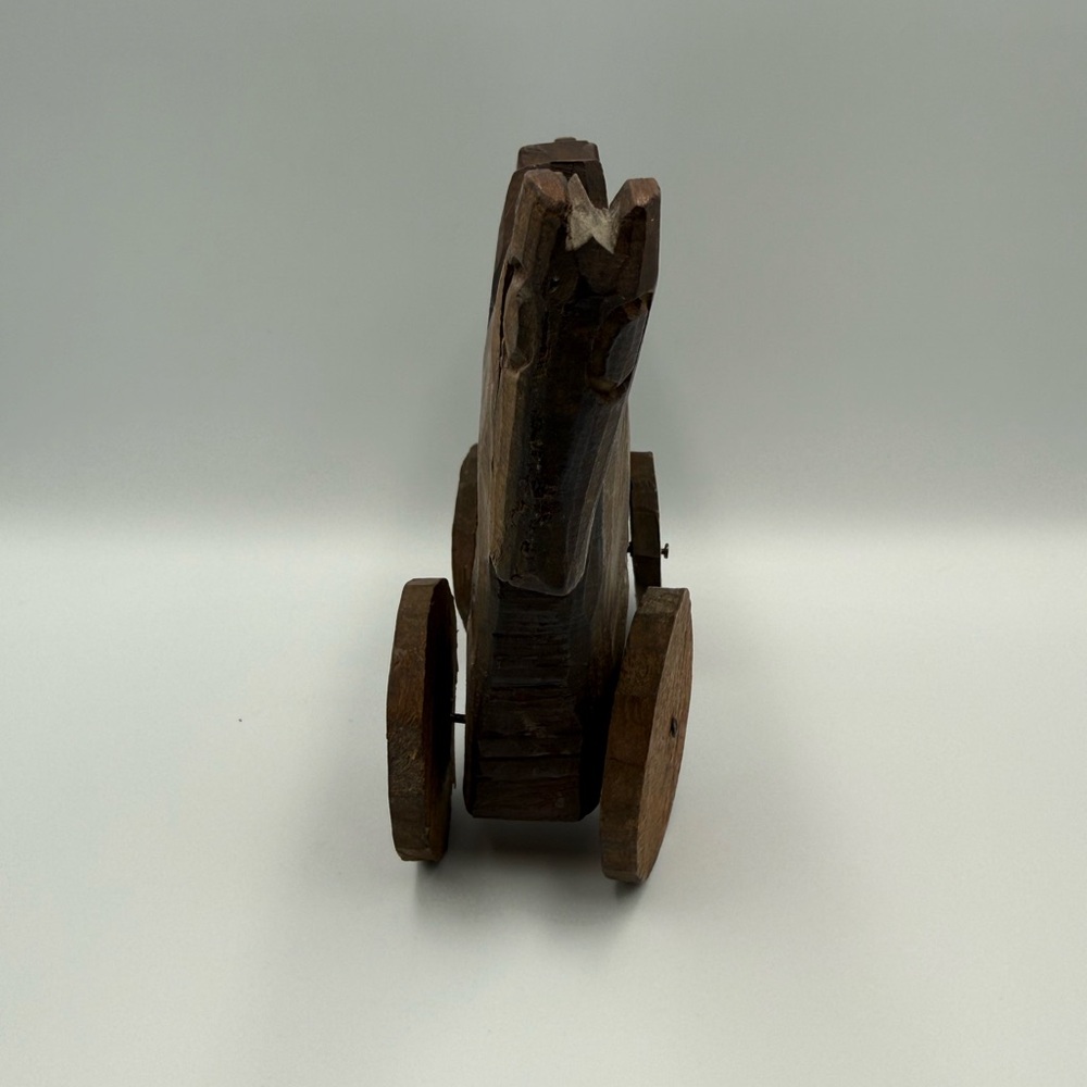 Vintage Primitive Folk Art Hand Carved Wooden Horse On Wheels - Picture 7 of 10